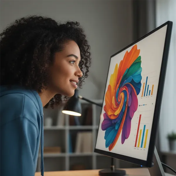 Demonstration of an IPS monitor displaying consistent colors from wide viewing angles.