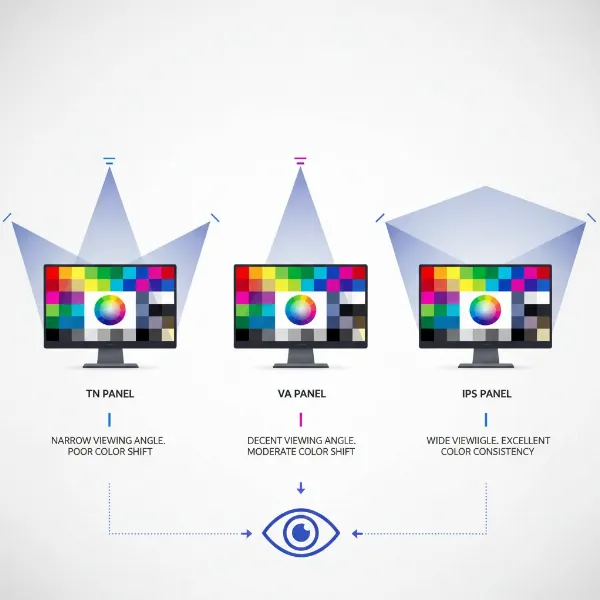 a visual representation comparing viewing angles and color accuracy across IPS, VA, and TN panels