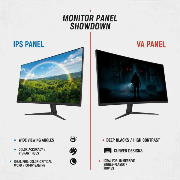Diagram or visual comparison highlighting the key differences between IPS and VA panel technology in monitors.