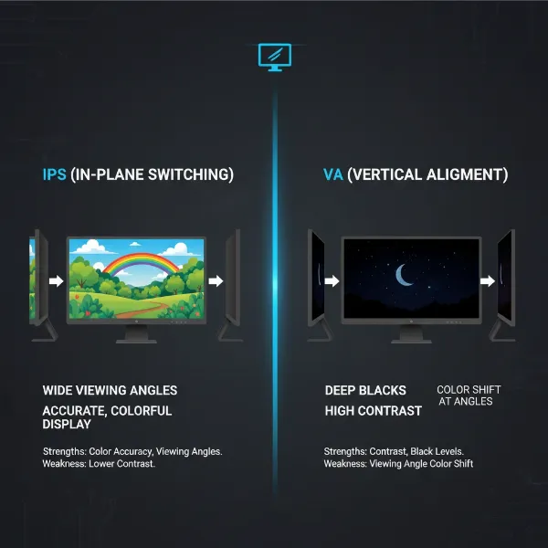 Visual comparison illustrating the viewing angles and contrast differences between IPS and VA monitor panel technologies.
