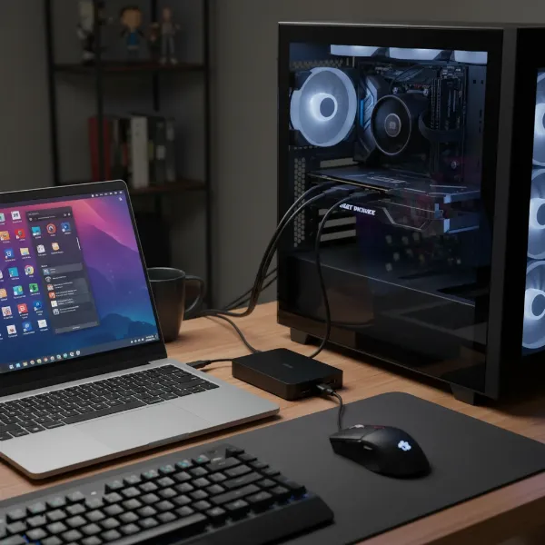 Laptop connected to a main PC via a capture card and HDMI, illustrating a wired second monitor setup for technical users.