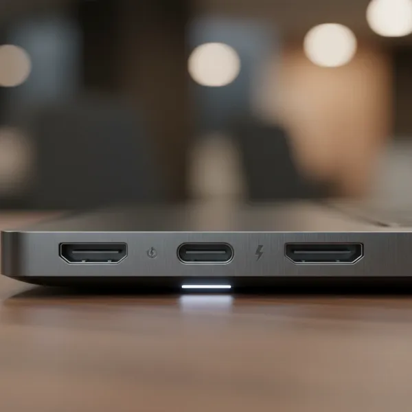 Close-up of a modern laptop's side, showcasing various video output ports like HDMI, USB-C, and DisplayPort.