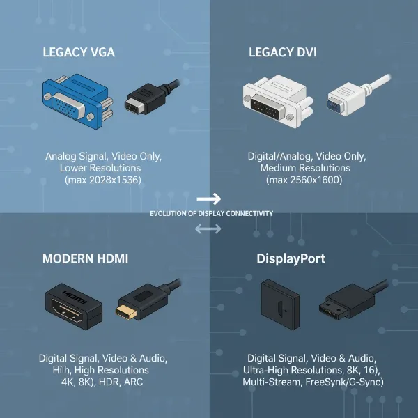 Comparison of DVI, VGA, HDMI, and DisplayPort with their cables and functionality.