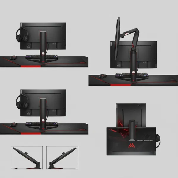 Lenovo Legion Y25 monitor stand demonstrating height, tilt, swivel, and pivot adjustments.