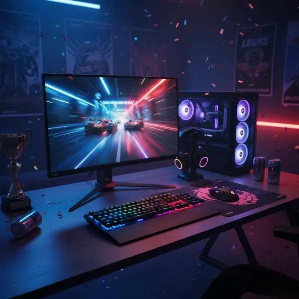 Lenovo Legion Y25 monitor in a high-performance gaming setup, displaying an exciting game with a triumphant vibe.