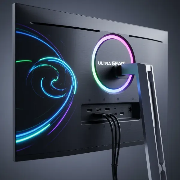 Close-up of LG UltraGear OLED monitor highlighting key features like connectivity ports and a smooth display