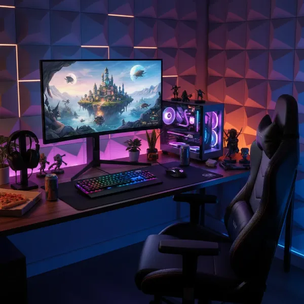 A high-end gaming setup featuring an LG UltraGear OLED monitor, showcasing its immersive display in a modern room