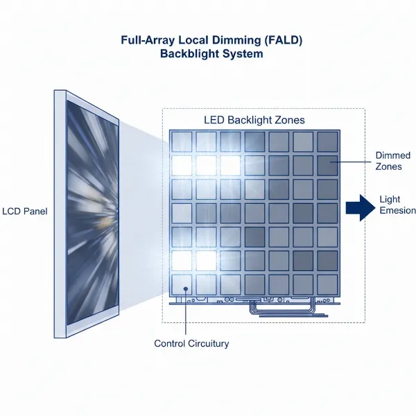 Diagram illustrating full-array local dimming technology with multiple LED backlight zones on an LCD monitor.