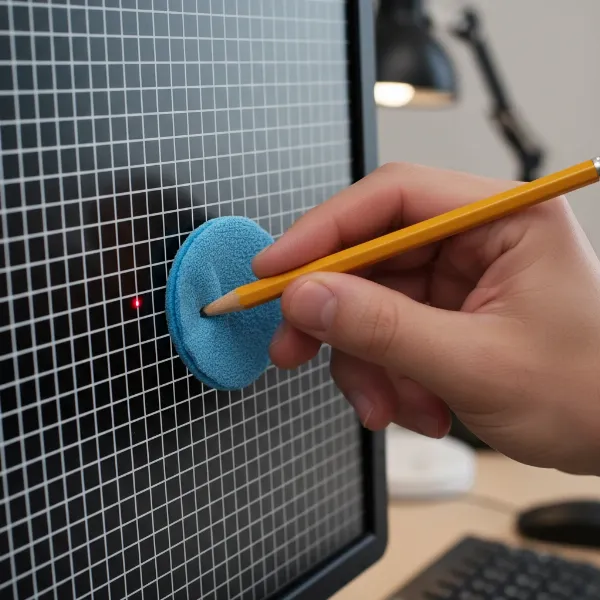 A hand gently pressing a computer monitor screen with a soft cloth and a pencil eraser to fix a stuck pixel.