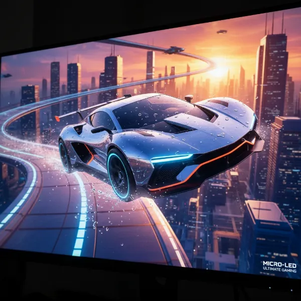 A fast-paced gaming scene on a Micro-LED monitor with no motion blur, emphasizing rapid response times.