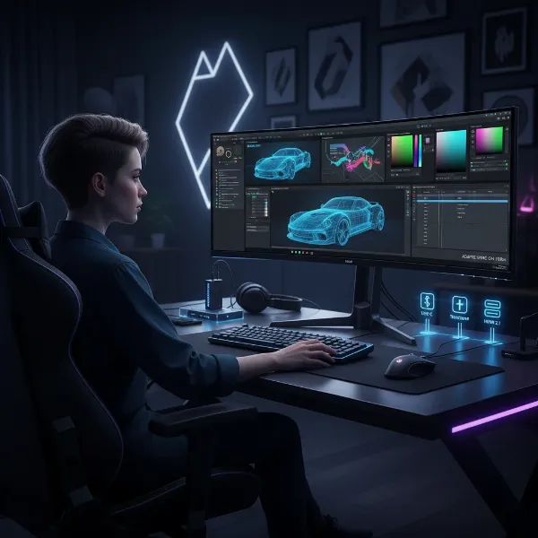 A user interacting with an advanced Micro-LED monitor, highlighting connectivity and high refresh rates.