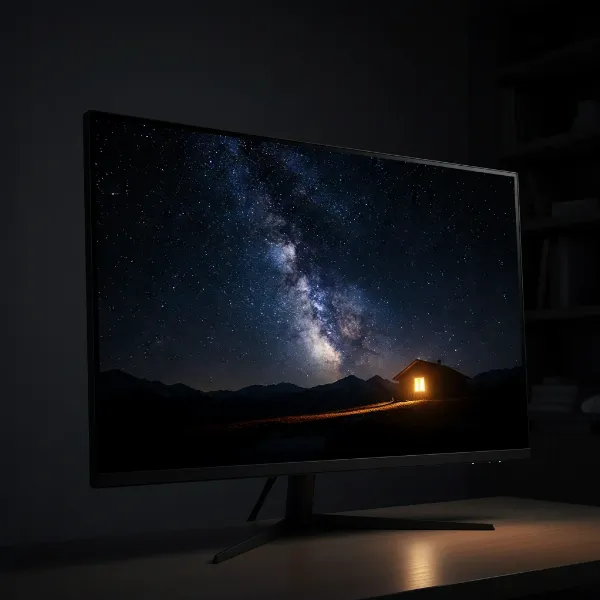 A high-contrast image displayed on a Mini-LED monitor, showcasing deep blacks and bright highlights.