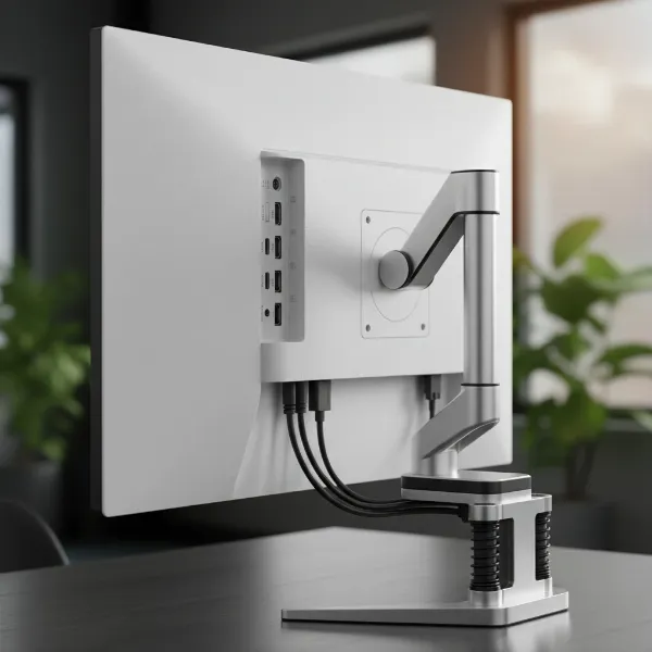 the back of a white monitor showing various connectivity ports and an adjustable ergonomic stand