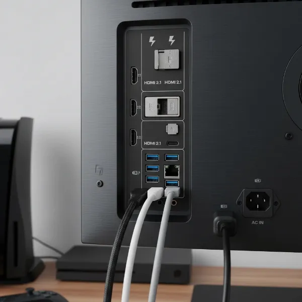 The back panel of a computer monitor showcasing multiple connectivity ports like HDMI, DisplayPort, and USB-C for various devices.