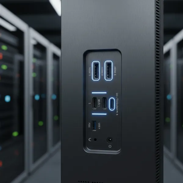 Close-up of a computer monitor's back panel showing various connectivity ports like HDMI, DisplayPort, and USB-C.