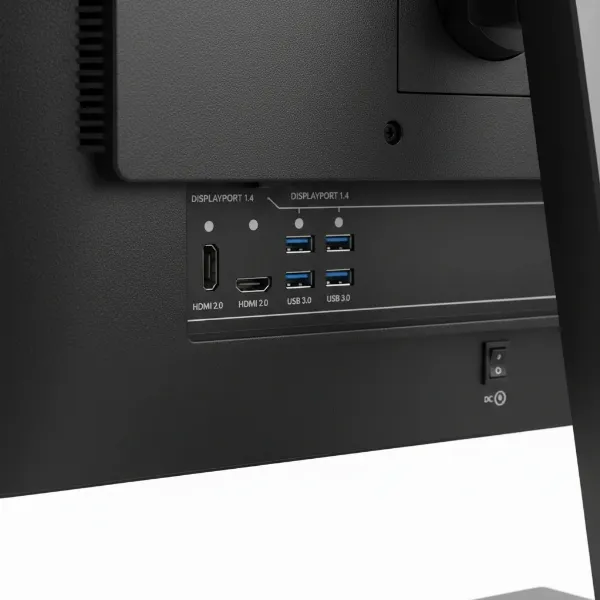 Rear view of a computer monitor showcasing DisplayPort, HDMI, and USB 3.0 ports.