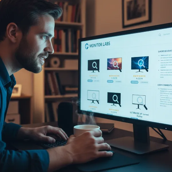 Person reading tech reviews and user feedback for computer monitors.