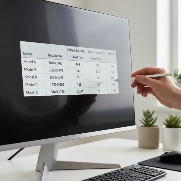 A close-up of a computer monitor displaying various specifications, with hands pointing to different features like resolution and panel type.