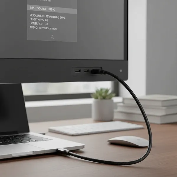 A computer monitor connected to a laptop with a USB cable, illustrating preparation for firmware update