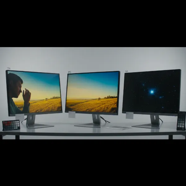 Three different computer monitors displaying distinct image qualities for TN, IPS, and VA panels.
