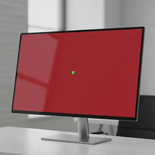 A computer monitor displaying a solid red test pattern with a single bright green stuck pixel in the center.