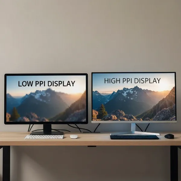 A side-by-side comparison of computer monitors showing different pixel densities and their impact on image clarity and text sharpness.