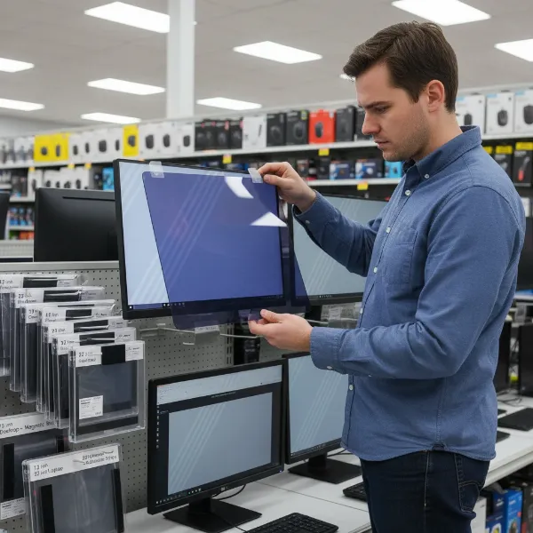 A person comparing different anti-glare privacy filters for a computer monitor in a store setting, emphasizing choice and features