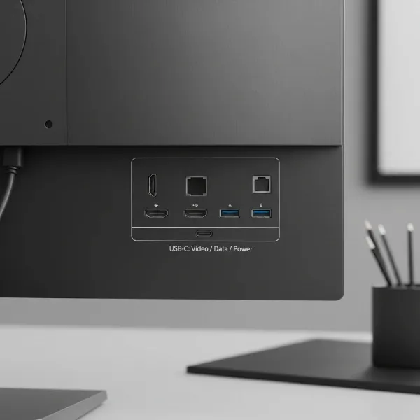The back of a computer monitor showing various connectivity ports, highlighting USB-C.