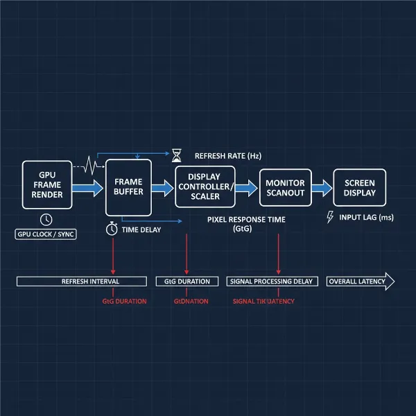 Diagram illustrating refresh rate, response time, and input lag in a computer monitor context