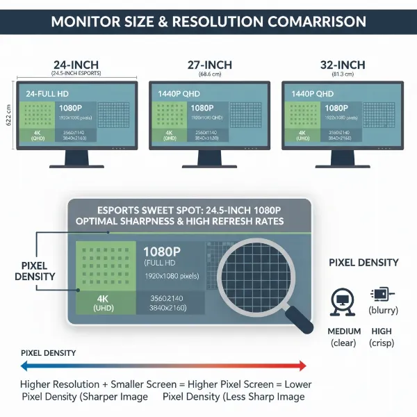 Visual comparison of different monitor screen sizes and resolutions, showing pixel density impact.