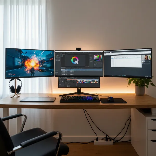 A multi-monitor setup showcasing different uses like gaming, content creation, and general productivity.