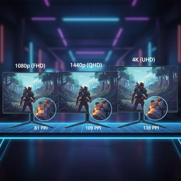 Three monitors of different sizes and resolutions illustrating pixel density differences