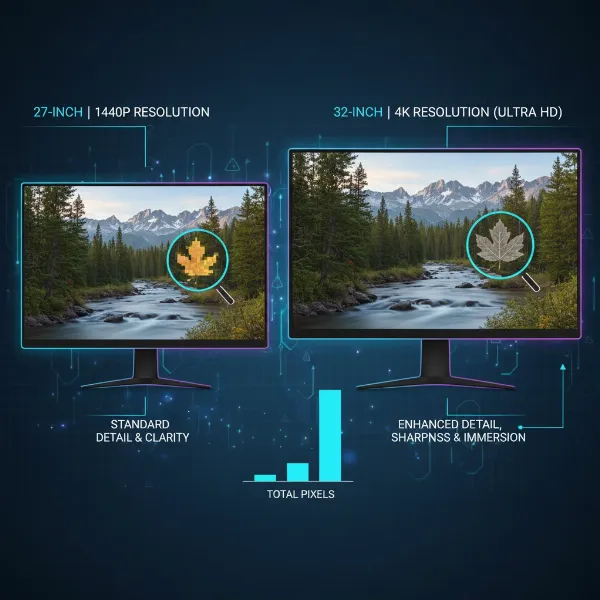 An infographic comparing different monitor sizes and resolutions (27-inch 1440p, 32-inch 4K) showing how detail increases with resolution.