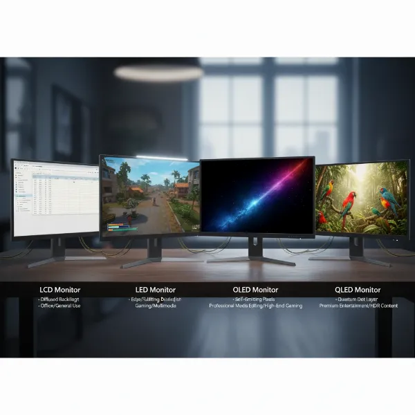 Overview of different computer monitor technologies including LED, LCD, OLED, and QLED.