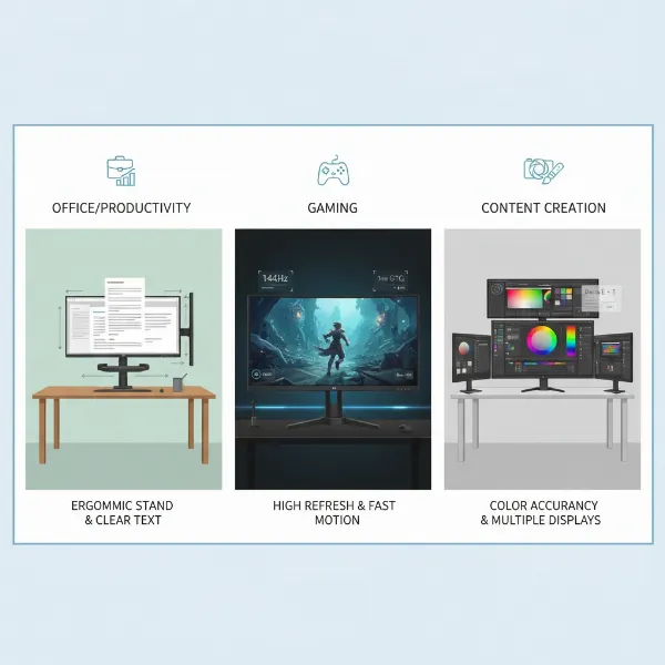 An infographic showing different computer monitor setups optimized for office work, gaming, and content creation.