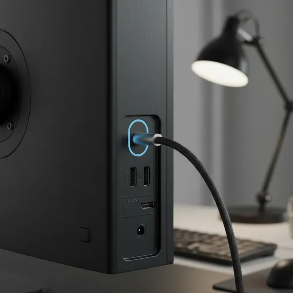 The back of a computer monitor with various connectivity ports, emphasizing a USB-C port with power delivery.