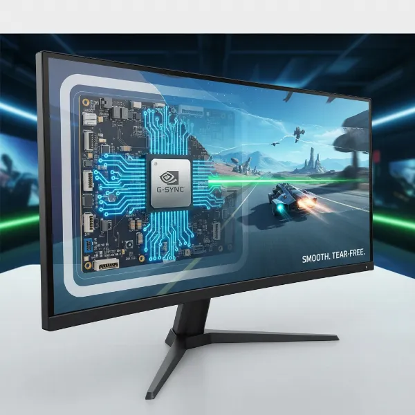 Close-up of an NVIDIA G-Sync hardware module inside a monitor, or a G-Sync certified monitor displaying gameplay.