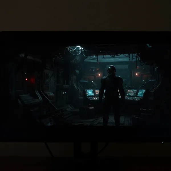 An OLED computer monitor displaying a dark, high-contrast scene from a dramatic movie, showcasing true blacks and vibrant highlights.
