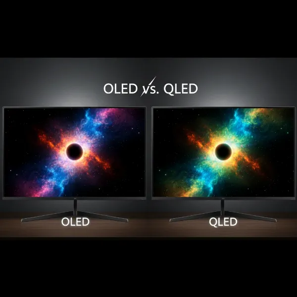 a side-by-side comparison illustrating vibrant colors and deep blacks of OLED vs QLED displays