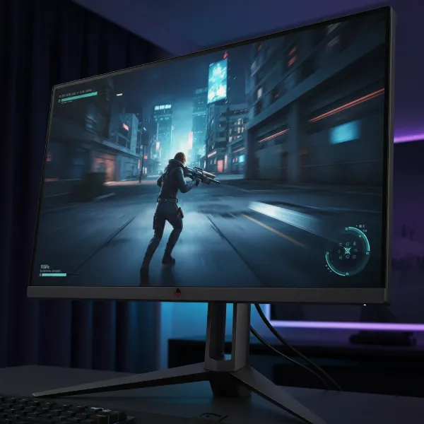 An HP Omen 165Hz QHD gaming monitor displaying fast-paced game action smoothly.