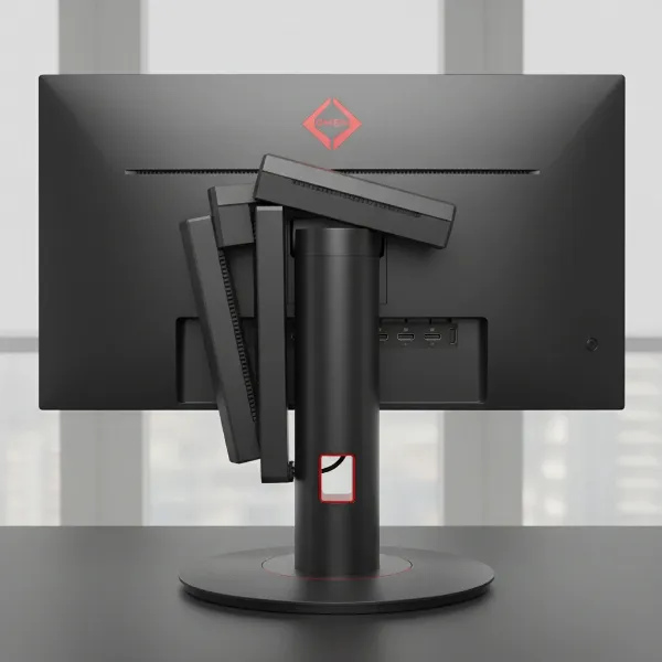 The back view of an HP Omen gaming monitor showcasing various connectivity ports and an ergonomic stand.