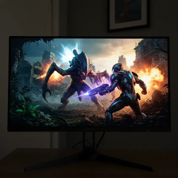 An HP Omen Transcend OLED monitor showcasing incredibly vibrant colors and true blacks in a high-fidelity game.