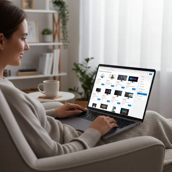 Person browsing computer monitors on an e-commerce website on a tablet.