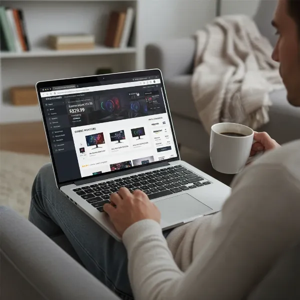 Person browsing online retailers on a laptop, comparing prices and features of gaming monitors.