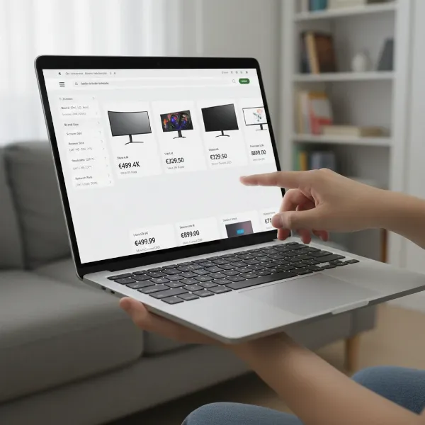 A person browsing computer monitors on an e-commerce website on a laptop or tablet.