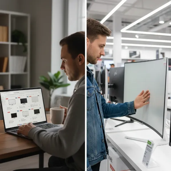 a split image showing someone browsing monitors online and someone inspecting a monitor in a store
