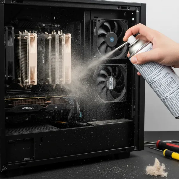 Cleaning dust from PC CPU cooler and case fans with compressed air for better airflow.