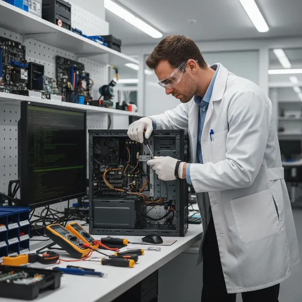 A professional PC technician diagnosing or repairing a computer monitor with tools.
