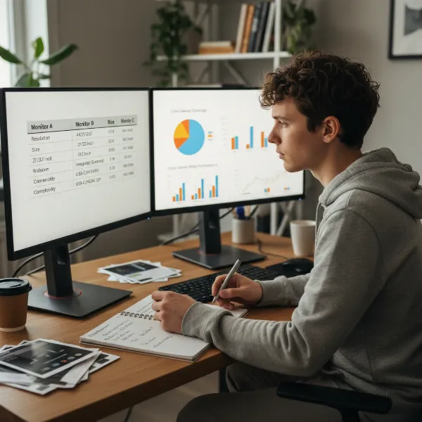 A person reviewing and comparing technical specifications of computer monitors on multiple screens or documents.