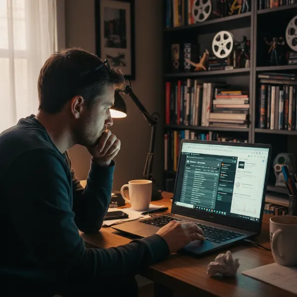A person sitting at a desk, actively researching different computer monitor models on a laptop, comparing specifications and reviews.